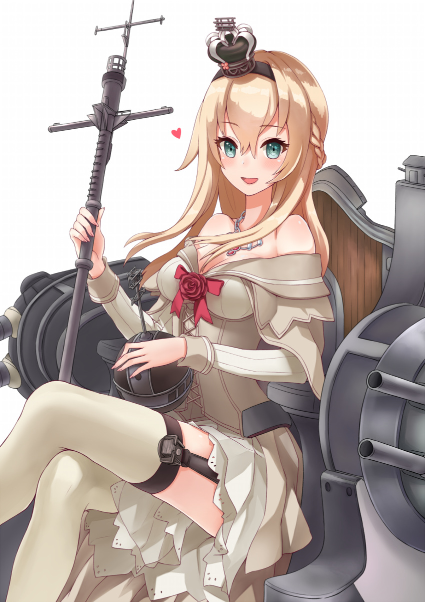 1girl :d bare_shoulders blue_eyes braid breasts crossed_legs crown dress french_braid garter_straps globus_cruciger hairband highres holding kantai_collection large_breasts light_brown_hair long_hair long_sleeves looking_at_viewer machinery mini_crown nekomiruku off-shoulder_dress off_shoulder open_mouth revision scepter simple_background sitting smile solo thigh-highs throne turret warspite_(kantai_collection) white_background white_dress white_legwear