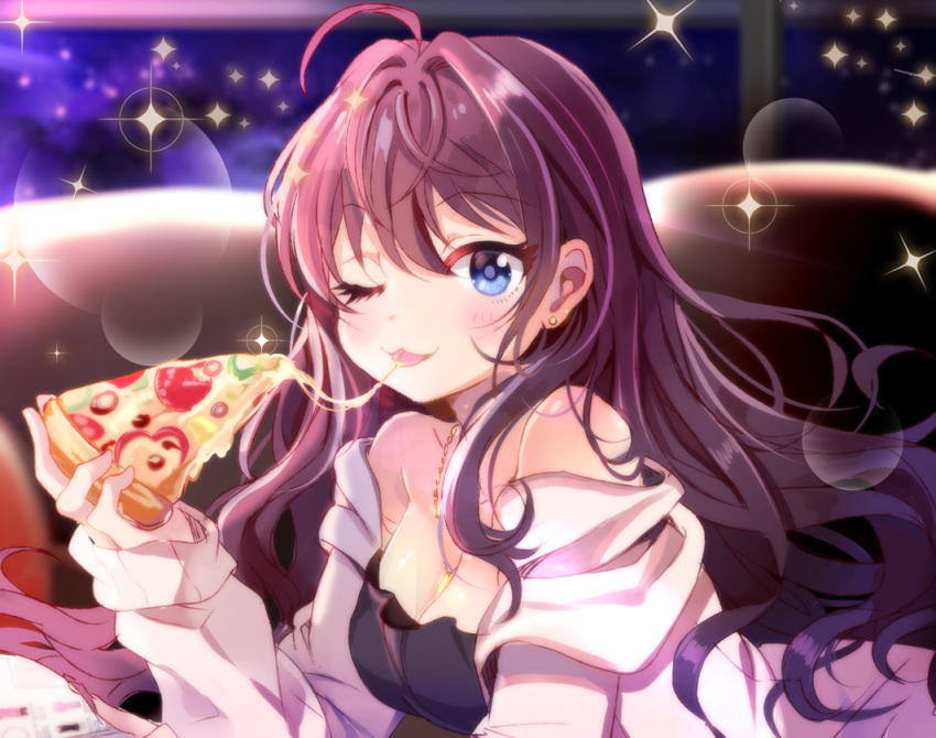 1girl :3 :p blue_eyes blush breasts brown_hair cheese_trail chocho_(homelessfox) cleavage earrings eating food ichinose_shiki idolmaster idolmaster_cinderella_girls jewelry long_hair looking_at_viewer one_eye_closed pizza smile solo tongue tongue_out