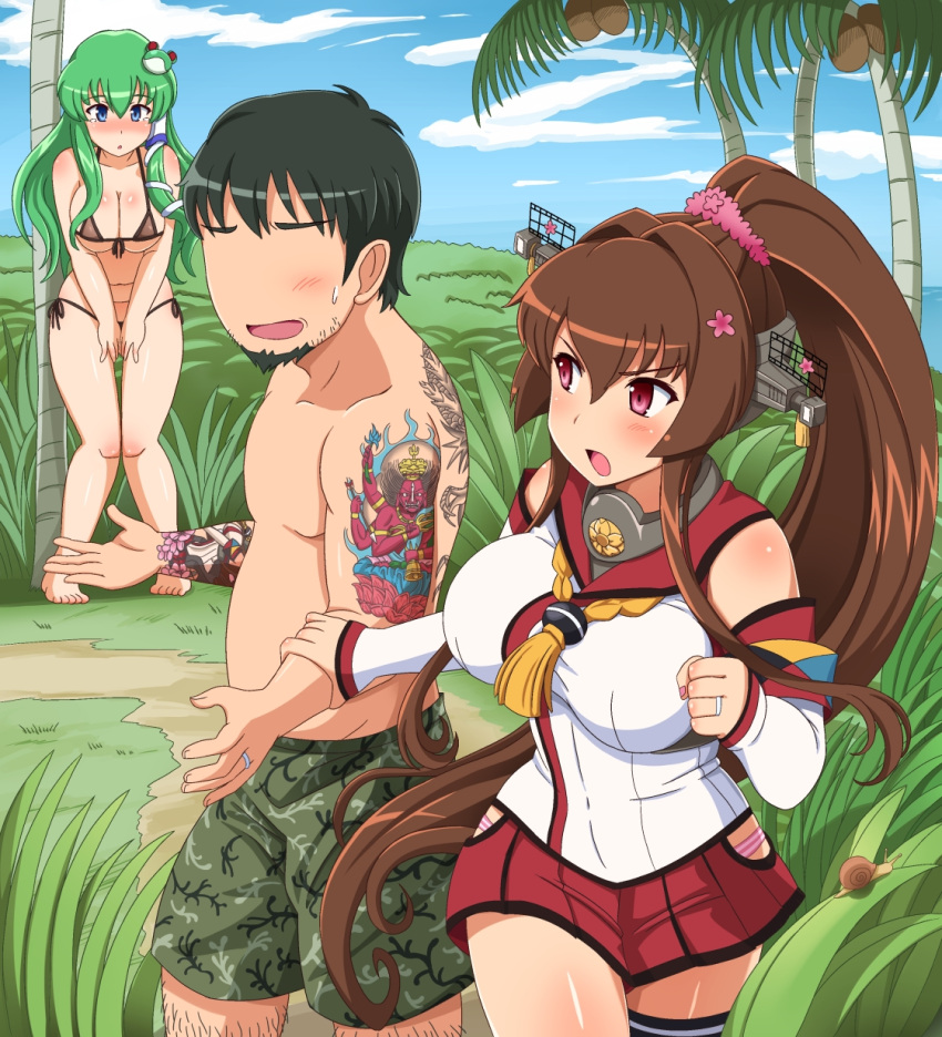 1boy 2girls arm_grab artist_self-insert bare_shoulders bikini black_bikini blue_eyes breasts cheating cherry_blossoms cleavage coconut_tree commentary_request crossover detached_sleeves frog_hair_ornament green_hair hair_ornament hair_tubes highres jewelry kantai_collection kochiya_sanae large_breasts long_hair multiple_girls palm_tree panties ponytail ring shin'en-san shin'en_(gyokuro_company) shorts single_thighhigh skirt snake_hair_ornament striped striped_panties sweatdrop swimsuit tattoo tears thigh-highs touhou tree underwear very_long_hair violet_eyes wedding_ring yamato_(kantai_collection)