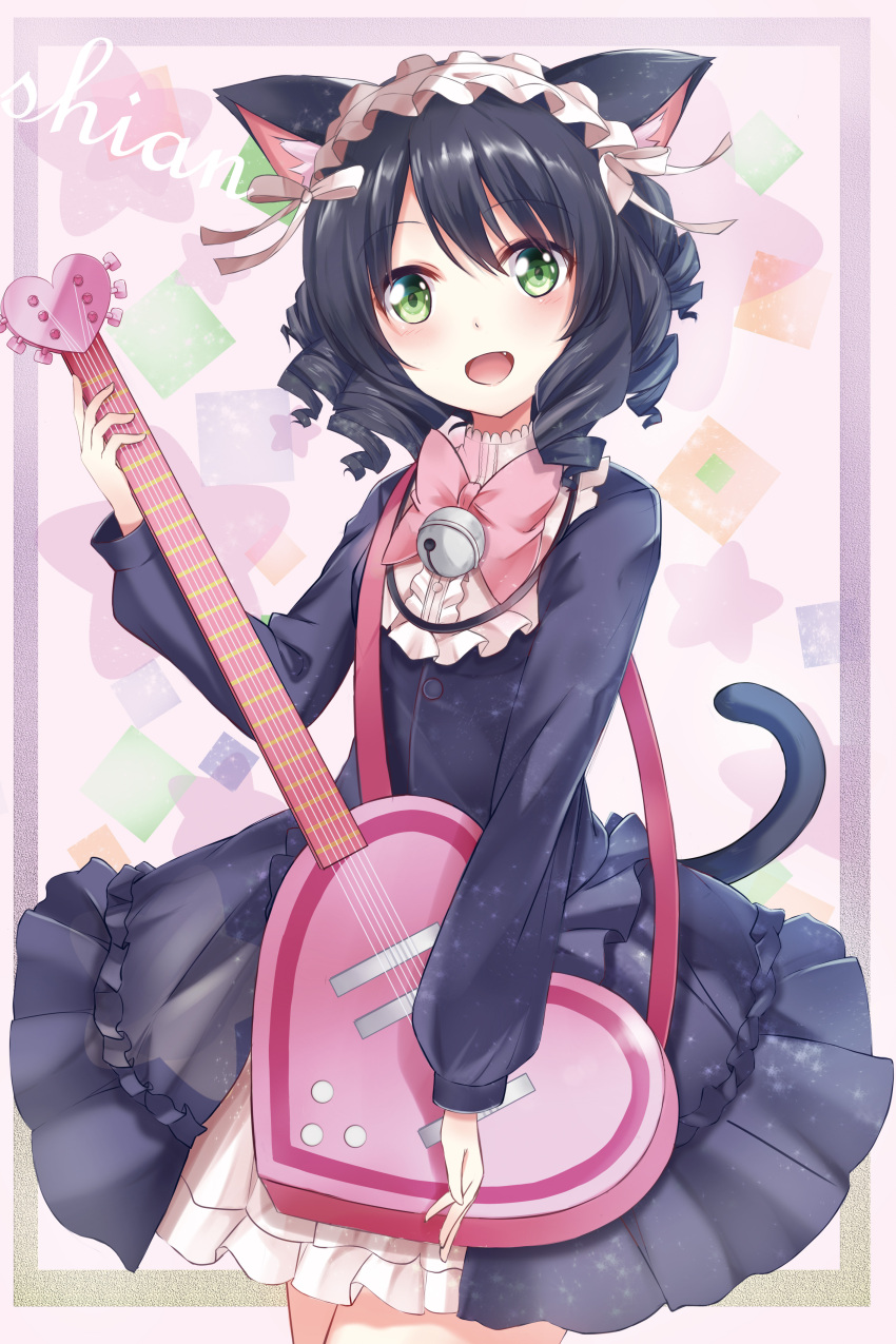 1girl absurdres animal_ears black_dress black_hair bow cat_ears cat_tail cyan_(show_by_rock!!) dress eyebrows eyebrows_visible_through_hair fang green_eyes heart heart_guitar highres karumayu looking_at_viewer open_mouth pink_bow short_hair show_by_rock!! solo strawberry_heart tail