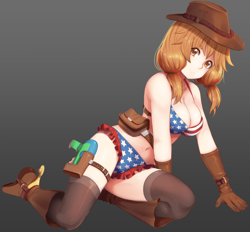 1girl american_flag_bikini belt bikini boots breasts brown_eyes brown_hair cleavage cowboy_boots cowboy_hat flag_print gloves gun hat highres holster idolmaster idolmaster_cinderella_girls katagiri_sanae long_hair low_twintails navel sitting solo star star_print swimsuit thigh-highs twintails weapon yami_no_teyon yokozuwari