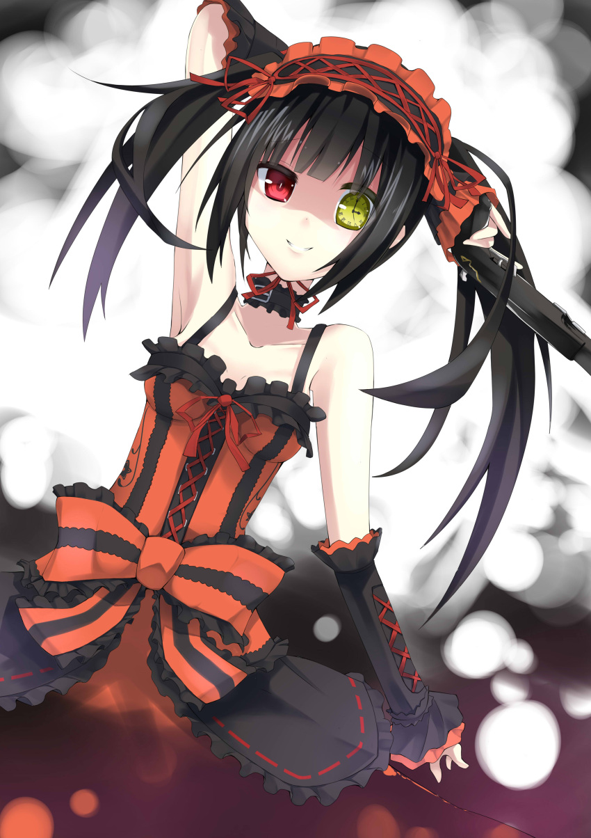 1girl absurdres black_hair breasts cleavage clock_eyes collar collarbone date_a_live detached_sleeves dress gothic_lolita gun hairband heterochromia highres holding holding_gun holding_weapon lolita_fashion lolita_hairband long_hair looking_at_viewer makadamixa medium_breasts red_eyes red_ribbon ribbon smile solo symbol-shaped_pupils tokisaki_kurumi twintails weapon