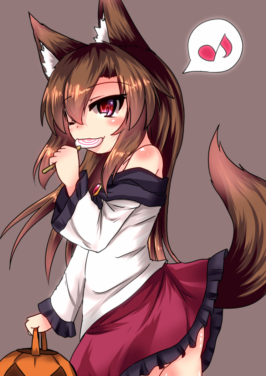 1girl animal_ears ass bare_shoulders blouse brown_hair candy commentary commentary_request eating highres imaizumi_kagerou karasuma_amiru lollipop long_hair long_sleeves miniskirt musical_note off_shoulder red_eyes red_skirt skirt skirt_lift spoken_musical_note tail touhou white_blouse wolf_ears wolf_tail