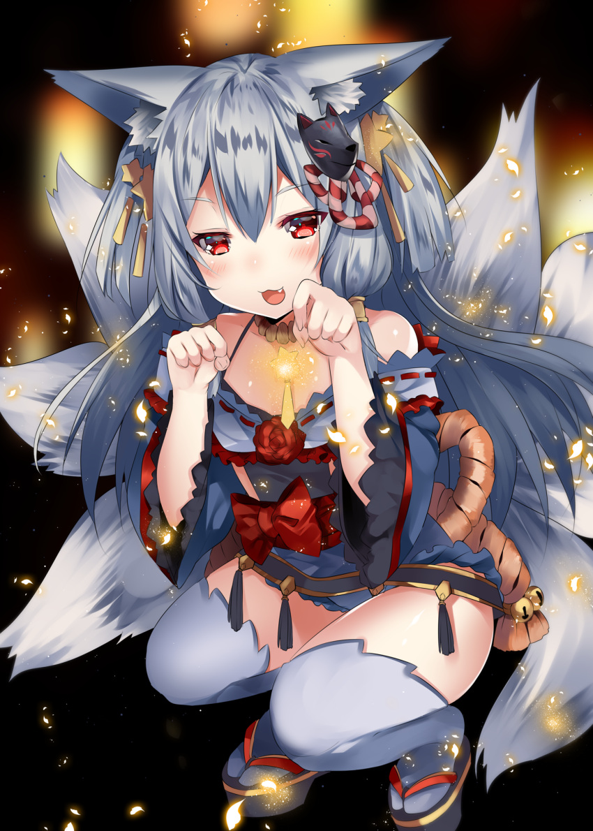 1girl animal_ears bare_shoulders duji_amo fang fox_ears highres long_hair multiple_tails original paw_pose red_eyes silver_hair solo squatting tail thigh-highs