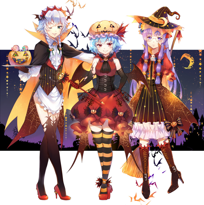 3girls ;d bat_wings black_legwear bloomers blue_hair braid broom candy cape crescent ekira_nieto elbow_gloves glasses gloves green_eyes halloween halloween_costume hat highres izayoi_sakuya jack-o'-lantern long_hair looking_at_viewer multiple_girls one_eye_closed open_mouth patchouli_knowledge pumpkin pumpkin_hat purple_hair red_eyes red_gloves red_skirt remilia_scarlet scepter short_hair skirt smile standing striped striped_legwear thigh-highs torn_clothes torn_thighhighs touhou twin_braids underwear violet_eyes wings witch_hat