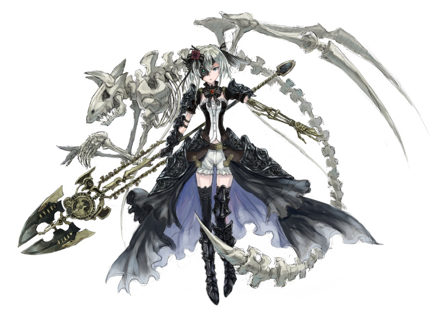 1girl absurdres armor armored_boots black_boots black_legwear boots cocoroten eyepatch grey_hair hair_ornament highres holding holding_weapon long_hair looking_at_viewer mechanical_arm original shorts simple_background skull solo thigh-highs twintails weapon white_background white_shorts