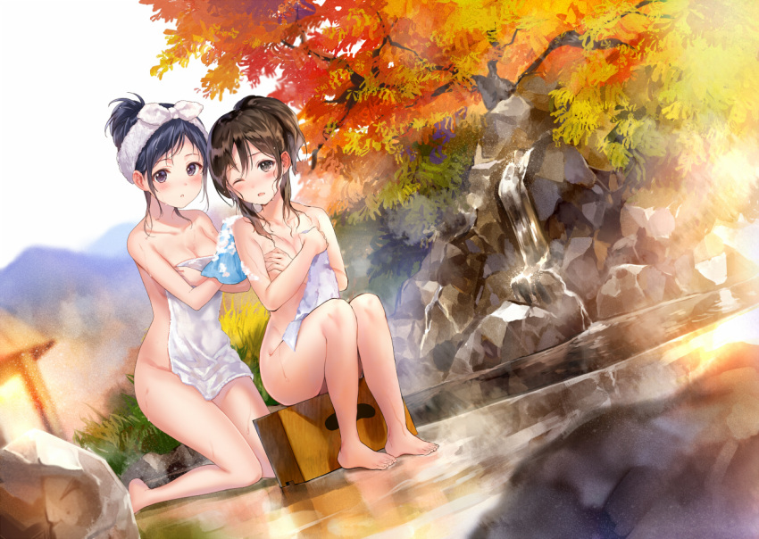 2girls autumn_leaves barefoot bath_stool black_eyes black_hair blush breasts brown_eyes brown_hair cleavage collarbone covering covering_breasts day dutch_angle fukahire_sanba groin hair_up hanekoto holding kneeling long_hair looking_at_viewer medium_breasts multiple_girls naked_towel nude nude_cover one_eye_closed onsen original outdoors parted_lips ponytail rock sitting stool towel washing_back wet