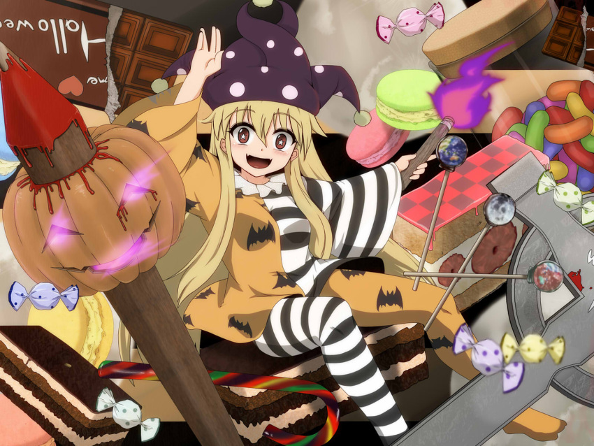 1girl adapted_costume alternate_color bat_print blonde_hair blood blush candy candy_cane candy_wrapper chocolate chocolate_bar clownpiece commentary_request cross emanon fangs fire frilled_shirt_collar frills glowing glowing_eyes hair_between_eyes halloween hat highres holding jack-o'-lantern jester_cap lollipop long_hair long_sleeves looking_at_viewer macaron open_mouth pantyhose polka_dot polka_dot_hat polka_dot_object print_legwear red_eyes shirt sidelocks sitting smile solo star star-shaped_pupils striped symbol-shaped_pupils torch touhou wide_sleeves