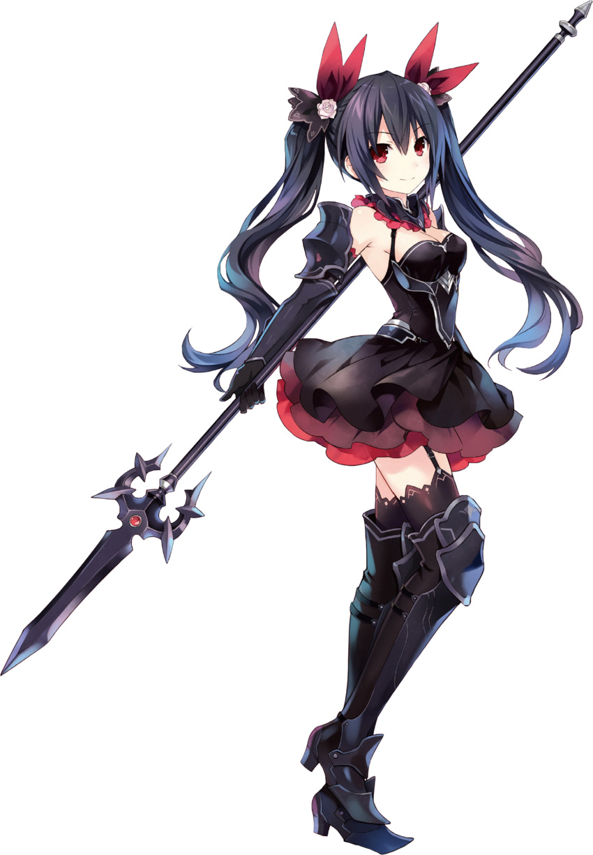 armor armored_dress black_hair fantasy hair_ornament highres long_hair neptune_(series) noire official_art polearm red_eyes smile spear tsunako twintails weapon