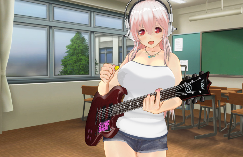 1girl 3d blush breasts chair chalkboard classroom custom_maid_3d_2 desk electric_guitar guitar headphones highres indoors instrument large_breasts long_hair looking_at_viewer nitroplus open_mouth pink_eyes pink_hair plectrum school school_desk smile solo super_sonico uld_macaron window