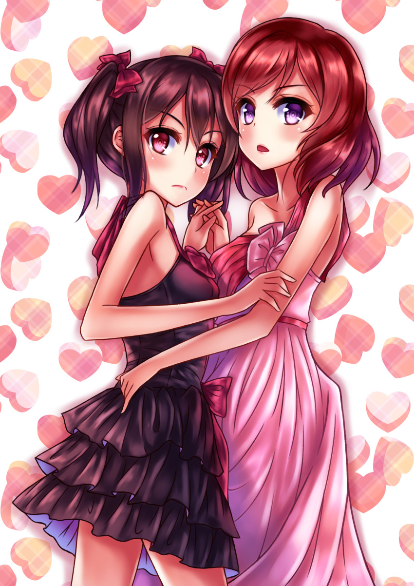 2girls black_dress black_hair bow brown_hair chai_kim_soon collarbone dress hair_bow hand_on_another's_hip hands_together heart highres interlocked_fingers looking_at_viewer love_live! love_live!_school_idol_project multiple_girls nishikino_maki open_mouth pink_dress pink_eyes red_bow short_twintails twintails violet_eyes yazawa_nico