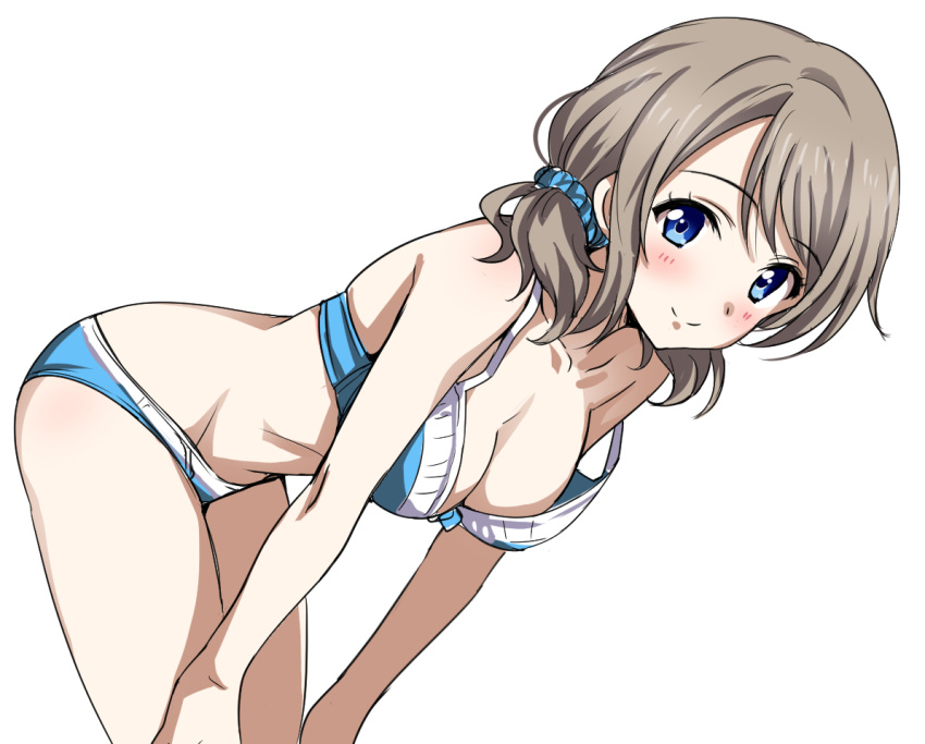 1girl bent_over blue_bra blue_eyes blue_panties blush bra breasts cleavage collarbone commentary_request hair_ornament hair_scrunchie light_brown_hair looking_at_viewer love_live! love_live!_sunshine!! medium_breasts panties rozen5 scrunchie short_twintails simple_background smile solo strap_slip twintails underwear underwear_only watanabe_you white_background