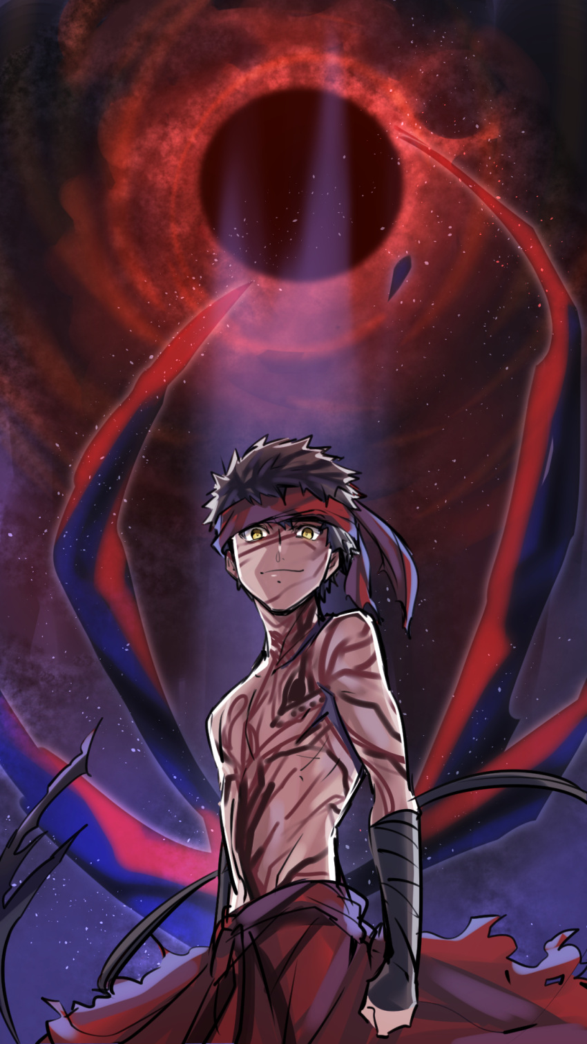 1boy avenger bandaged_arm bandages black_hair dark_skin fate/hollow_ataraxia fate/stay_night fate_(series) full_body_tattoo headband highres looking_at_viewer red_cape red_headband shimo_(s_kaminaka) shirtless sky smile solo star_(sky) starry_sky tattoo waist_cape yellow_eyes