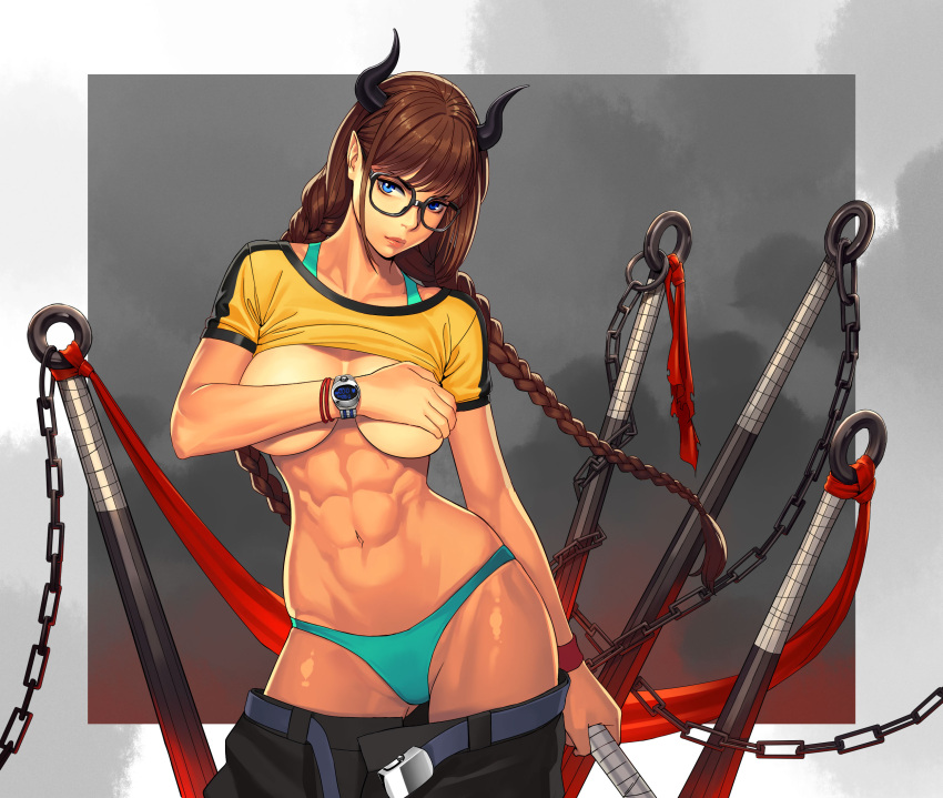 1girl abs aqua_bra aqua_panties arm_at_side bangs belt black_pants blue_eyes bra bra_lift braid breast_hold breasts brown_hair chain closed_mouth club collarbone commentary_request contrapposto covering covering_breasts cowboy_shot grey_background groin hair_ornament_removed hair_tie halterneck highres holding holding_weapon horns large_breasts lips long_hair looking_at_viewer navel ogami oni original outside_border panties pants pants_down pointy_ears red_ribbon ribbon sarashi shade shiny shiny_skin shirt shirt_lift short_sleeves solo sports_bikini sports_bra stomach t-shirt tan twin_braids twintails unbuckled_belt underwear watch watch weapon wristband