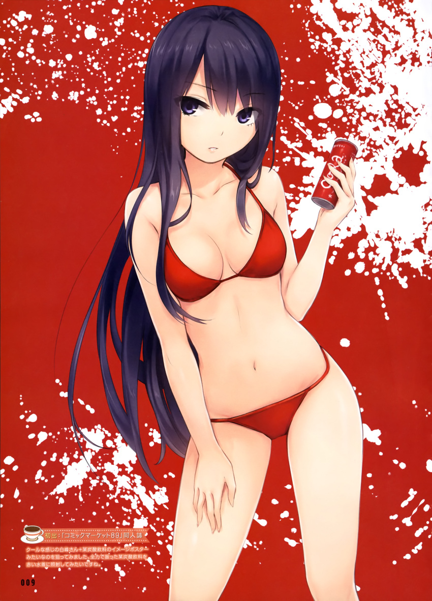 1girl absurdres bare_arms bare_legs bare_shoulders bikini blush breasts cleavage coca-cola coffee-kizoku collarbone contrapposto cowboy_shot eyebrows eyebrows_visible_through_hair hand_on_thigh head_tilt highres holding light_smile long_hair looking_at_viewer medium_breasts navel page_number parted_lips purple_hair red red_bikini scan soda_can solo standing stomach string_bikini swimsuit translation_request tsurime two-tone_background very_long_hair violet_eyes