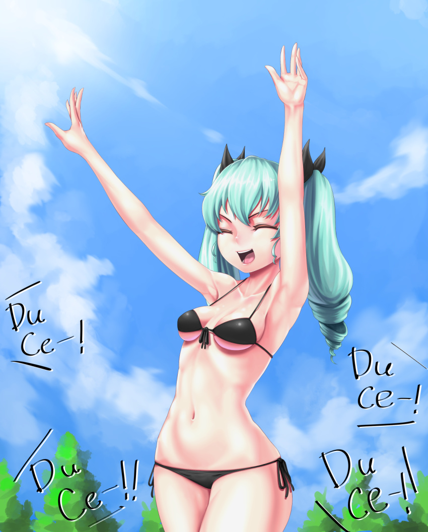 anchovy armpits arms_up bikini black_ribbon breasts cloel closed_eyes clouds drill_hair front-tie_top girls_und_panzer green_hair hair_ribbon highres long_hair medium_breasts open_mouth ribbon side-tie_bikini sky smile swimsuit tree twin_drills twintails