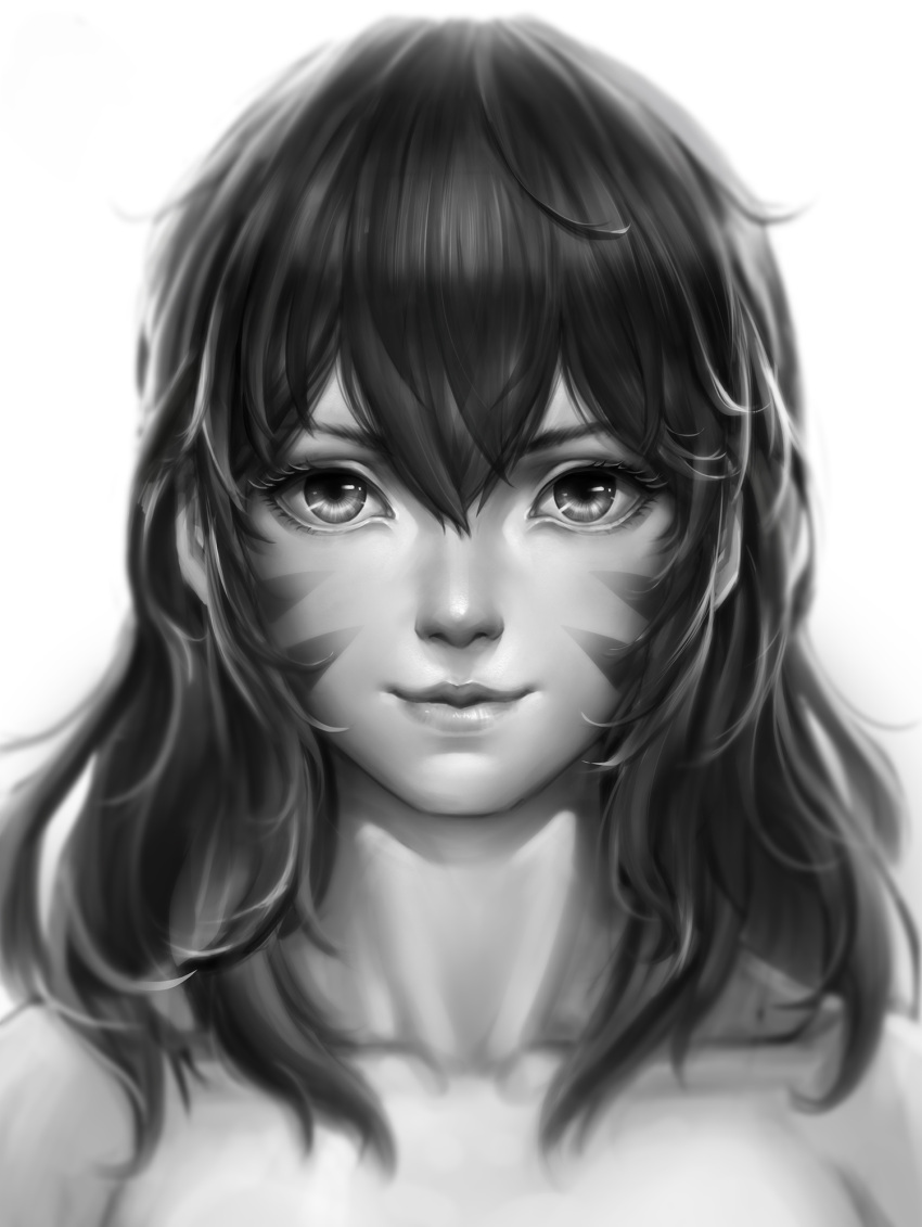 1girl bare_shoulders breasts closed_mouth collarbone d.va_(overwatch) eyelashes face facepaint facial_mark hair_between_eyes highres jan.v lips long_hair looking_at_viewer medium_breasts monochrome nose overwatch portrait simple_background smile solo whisker_markings white_background