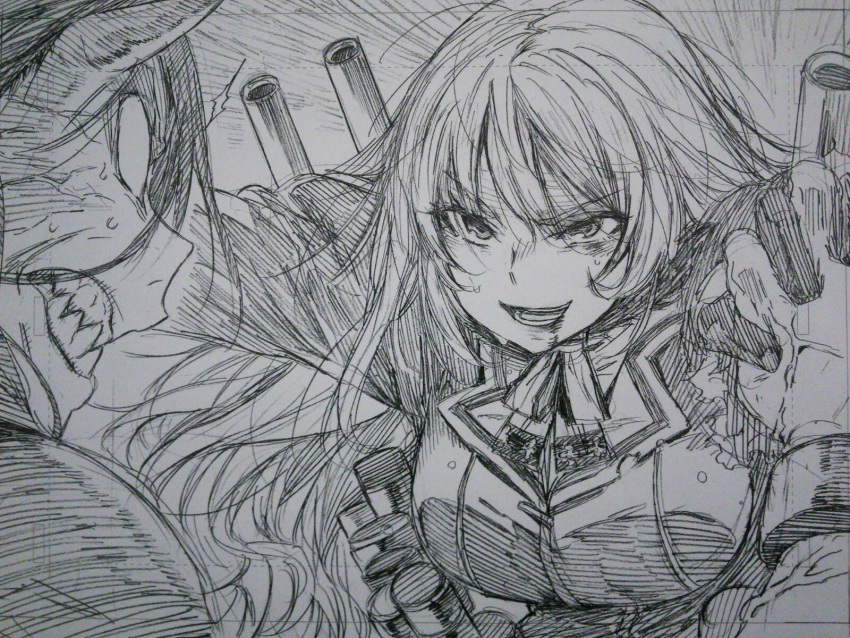 &gt;:d 2girls :d atago_(kantai_collection) blank_eyes bruise cannon clenched_teeth highres horns injury kantai_collection kojima_takeshi leaning_forward lips long_hair looking_at_viewer machinery military military_uniform monochrome multiple_girls open_mouth shinkaisei-kan sketch smile teeth uniform upper_body