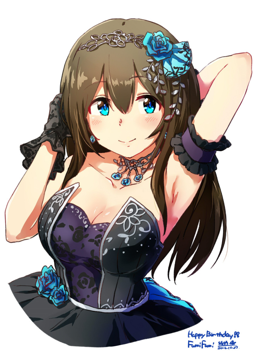 1girl 2016 arm_behind_head arm_garter armpits artist_name ayano_yuu_(sonma_1426) bangs bare_shoulders black_gloves blue_eyes blue_flower breasts brown_hair cleavage dated dress earrings flower gem gloves hair_between_eyes hair_flower hair_ornament hairband hand_in_hair happy_birthday highres idolmaster idolmaster_cinderella_girls idolmaster_cinderella_girls_starlight_stage jewelry long_hair looking_at_viewer medium_breasts necklace sagisawa_fumika simple_background smile solo strapless strapless_dress upper_body white_background