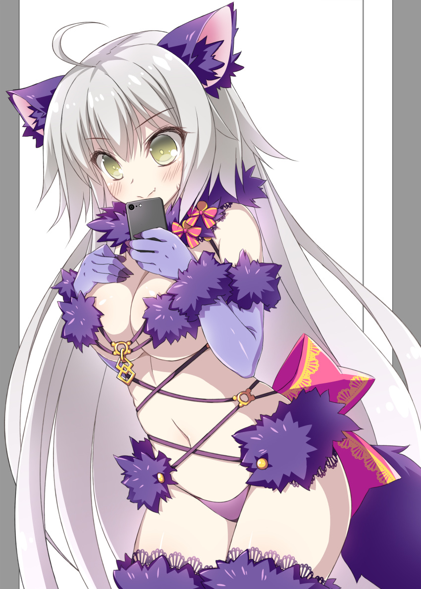 1girl absurdres ahoge animal_costume animal_ears bangs bare_shoulders blonde_hair blush bow breast_suppress breasts cleavage closed_mouth cosplay cowboy_shot detached_collar elbow_gloves eyebrows eyebrows_visible_through_hair fate/grand_order fate_(series) fur_trim gloves grey_border halloween_costume hand_on_breast highres holding_cellphone jeanne_alter lace lace-trimmed_thighhighs large_breasts long_hair looking_at_viewer navel o-ring outside_border panties pillarboxed purple_gloves purple_legwear purple_panties revealing_clothes ruler_(fate/apocrypha) shielder_(fate/grand_order) shielder_(fate/grand_order)_(cosplay) silver_hair solo stomach strap_gap striped striped_bow suzuri_(tennenseki) sweat tail thigh-highs underwear very_long_hair wavy_mouth white_background wolf_costume wolf_ears wolf_tail yellow_eyes