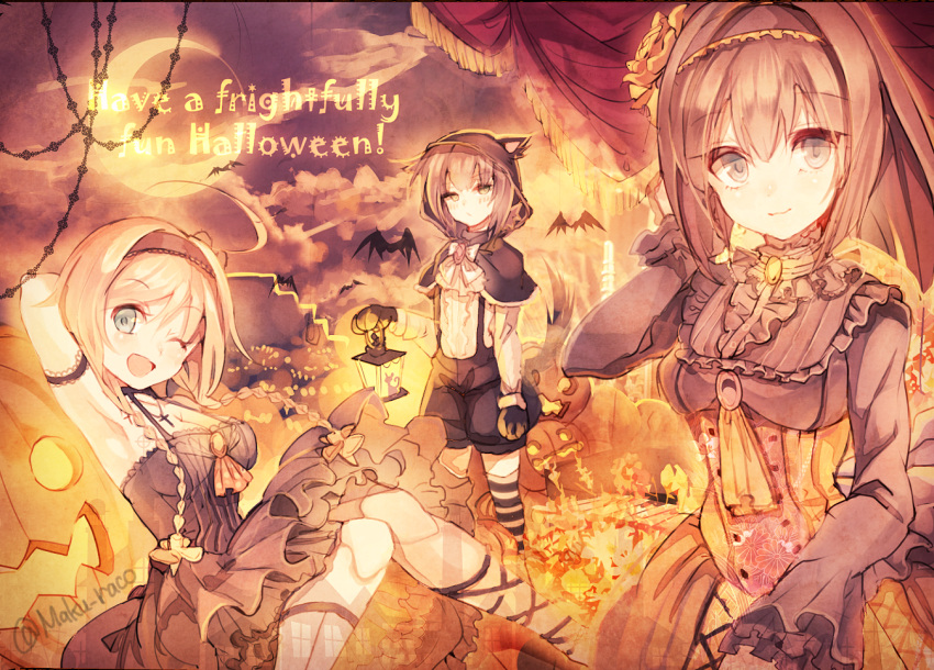 3girls adapted_costume ahoge akizuki_(kantai_collection) animal_ears animal_hood armband armpits arms_behind_head ascot bat blonde_hair boots bow breasts brown_eyes brown_hair cis_(carcharias) cleavage clouds commentary_request corset crescent_moon cross dress english fire flame flower frilled_dress frilled_sleeves frills gloves gothic_lolita green_eyes grey_eyes hair_flaps hair_flower hair_ornament hairband halloween halloween_costume hatsuzuki_(kantai_collection) hood jack-o'-lantern kantai_collection knees_together_feet_apart lace lantern large_breasts lolita_fashion long_hair long_sleeves medium_breasts moon multiple_girls night night_sky one_eye_closed open_mouth paw_gloves ponytail shorts sky sleeveless sleeveless_dress small_breasts smile socks striped striped_legwear suspenders tail teruzuki_(kantai_collection) twitter_username wolf_ears wolf_tail