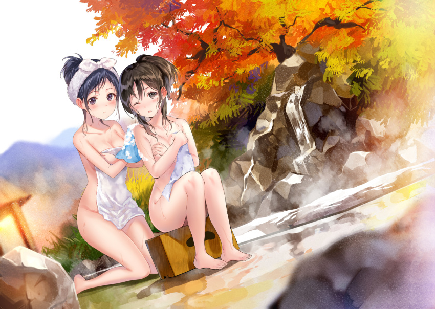 2girls autumn_leaves barefoot bath_stool black_eyes black_hair blush breasts brown_eyes brown_hair cleavage collarbone covering covering_breasts day dutch_angle fukahire_sanba groin hair_up highres holding kneeling looking_at_viewer medium_breasts multiple_girls naked_towel nude nude_cover one_eye_closed original outdoors parted_lips ponytail rock sitting stool towel washing_back wet