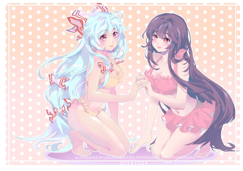 2girls bow bra breasts brown_hair cleavage dated frilled_bra frills fujiwara_no_mokou hair_bow hair_ribbon highres holding_hands houraisan_kaguya interlocked_fingers lingerie long_hair multiple_girls red_eyes ribbon shangguan_feiying silver_hair touhou underwear very_long_hair watermark web_address yuri