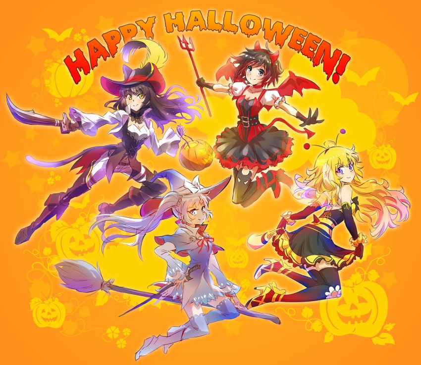 4girls blake_belladonna broom commentary demon_girl demon_tail demon_wings halloween halloween_costume hat highres iesupa multiple_girls pirate_costume pirate_hat polearm puss_in_boots puss_in_boots_(character) ruby_rose rwby sword tail trident weapon weiss_schnee wings witch witch_hat yang_xiao_long