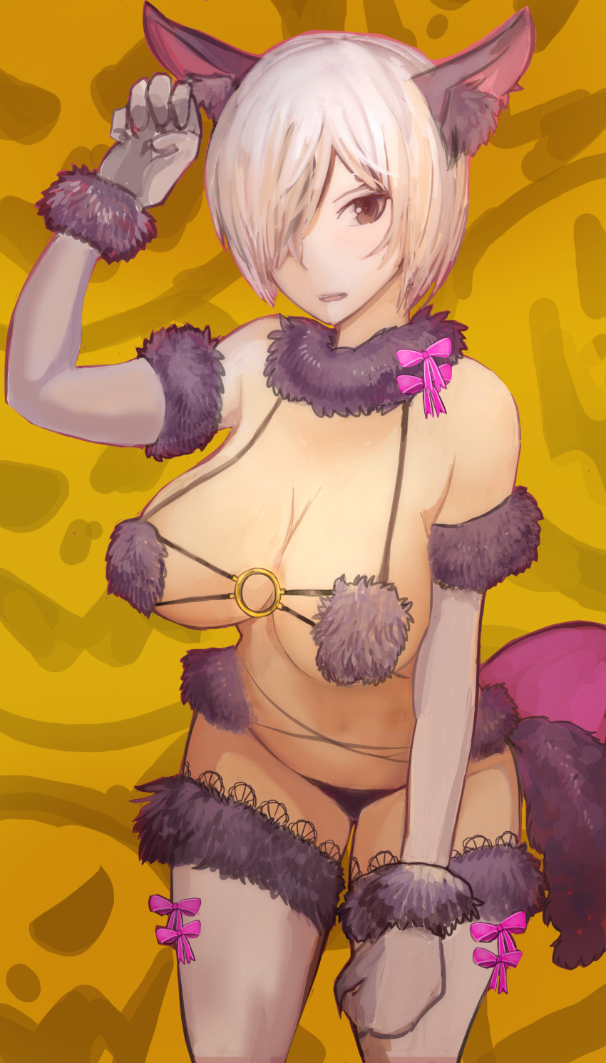 1girl absurdres animal_ears black_panties blush breasts cowboy_shot elbow_gloves eyes_visible_through_hair fate/grand_order fate_(series) fur-trimmed_gloves fur-trimmed_legwear fur_trim gloves hair_over_one_eye halloween halloween_costume highres imakaeru large_breasts navel o-ring o-ring_top open_mouth panties purple_hair revealing_clothes sen_(77nuvola) shielder_(fate/grand_order) short_hair solo standing tail thigh-highs underwear violet_eyes wolf_ears wolf_tail