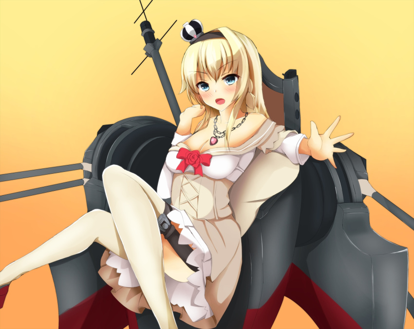 1girl bare_shoulders blonde_hair blue_eyes braid crown dress flower french_braid garter_straps hairband highres jewelry kantai_collection long_hair long_sleeves mini_crown necklace off-shoulder_dress off_shoulder red_ribbon red_rose ribbon rose scepter shamu_(helix) sitting solo thigh-highs throne warspite_(kantai_collection) white_dress white_legwear