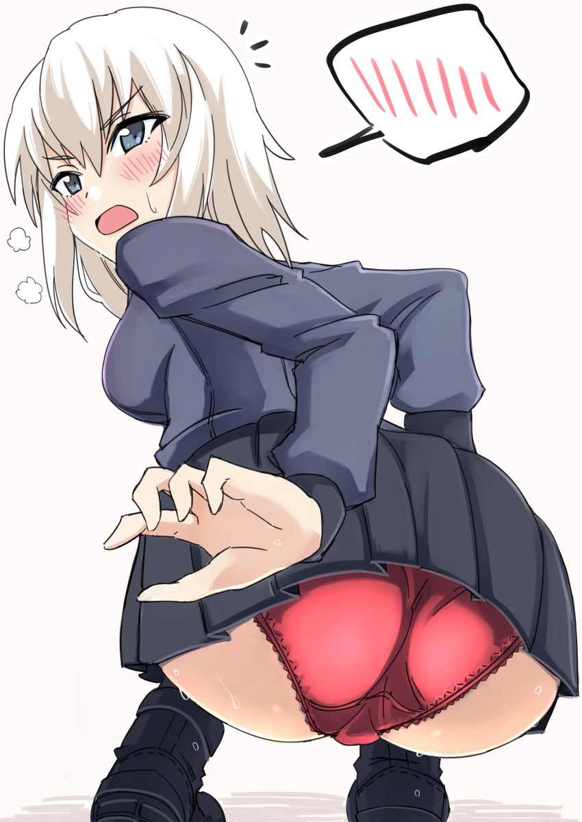 1girl absurdres ankle_boots ass bangs black_boots black_skirt blue_eyes blush boots commentary crotch_seam dress_shirt embarrassed full_body fume girls_und_panzer grey_shirt highres itsumi_erika lace lace-trimmed_panties long_hair long_sleeves looking_at_viewer looking_back miniskirt open_mouth panties pleated_skirt red_panties saku_(saku1151) school_uniform shirt silver_hair simple_background skirt solo spoken_blush squatting sweat sweatdrop underwear white_background