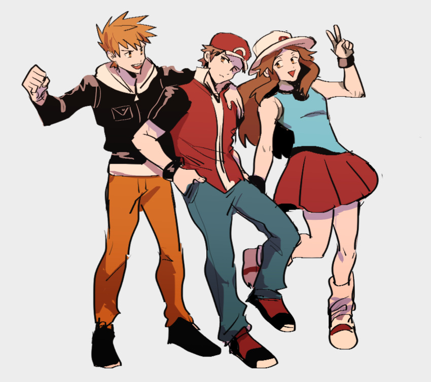 1girl 2boys arm_up baseball_cap blue_(pokemon) brown_eyes brown_hair denim glasses_enthusiast grey_background hands_in_pockets hat jacket jeans looking_at_another multiple_boys ookido_green ookido_green_(hgss) orange_hair orange_pants pants pokemon pokemon_(game) pokemon_frlg pokemon_hgss red_(pokemon) red_(pokemon)_(remake) shoes simple_background skirt smile sneakers spiky_hair sun_hat v