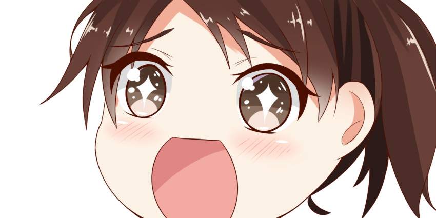 1girl brown_hair eyebrows eyebrows_visible_through_hair face gradient_eyes kantai_collection looking_at_viewer multicolored_eyes open_mouth ponytail shikinami_(kantai_collection) simple_background sin-poi solo sparkling_eyes white_background