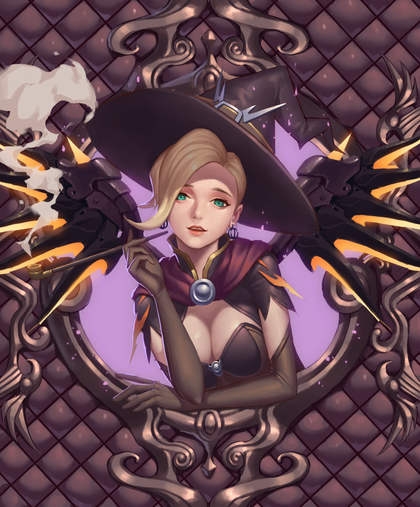 1girl absurdres aqua_eyes belt_pouch black_gloves black_hat breasts cape cleavage earrings elbow_gloves eyelashes gloves halloween halloween_costume hat hat_belt highres holding holding_pipe jewelry kiseru lipstick looking_at_viewer makeup mechanical_wings medium_breasts mercy_(overwatch) overwatch parted_lips pipe shade short_sleeves smoke solo strapless upper_body wings witch_hat yus
