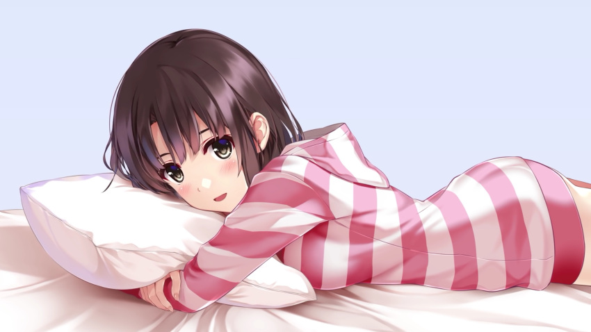 1girl :d bangs bed_sheet blue_background blunt_bangs blush breasts brown_eyes cowboy_shot fingernails from_side highres hood hood_down katou_megumi long_sleeves looking_at_viewer looking_to_the_side lying medium_breasts misaki_kurehito no_pants on_stomach open_mouth pillow pillow_hug saenai_heroine_no_sodatekata scan short_hair simple_background smile solo striped_hoodie tareme