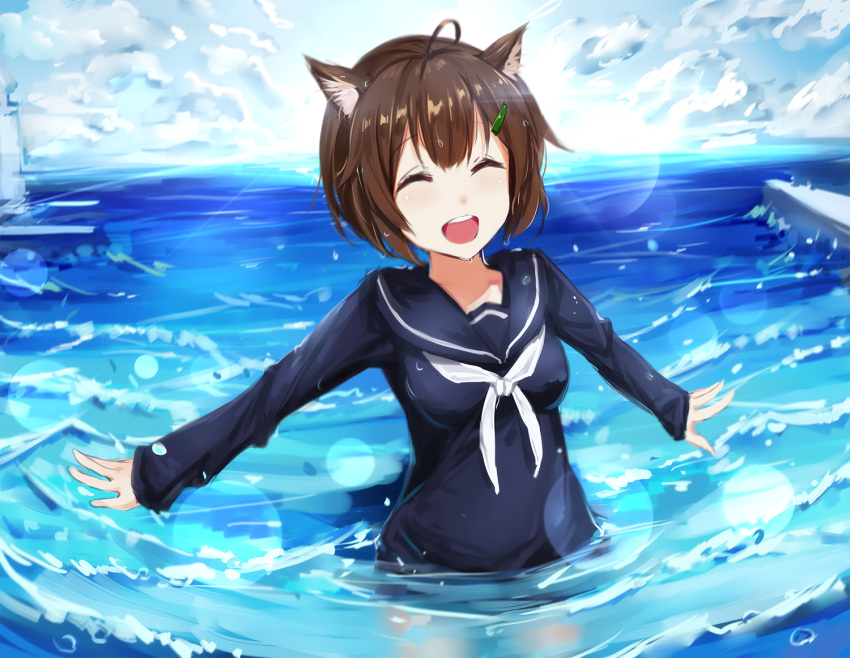 1girl ;d ahoge animal_ears blush brave_witches breasts brown_eyes brown_hair closed_eyes clouds cloudy_sky commentary_request day hair_ornament hairclip happy karibuchi_hikari long_sleeves namiha1ka1 ocean one_eye_closed open_mouth outdoors partially_submerged ribbon school_uniform serafuku short_hair sky smile solo squirrel_ears uniform wading water water_drop waves wet wet_clothes wet_hair white_ribbon world_witches_series