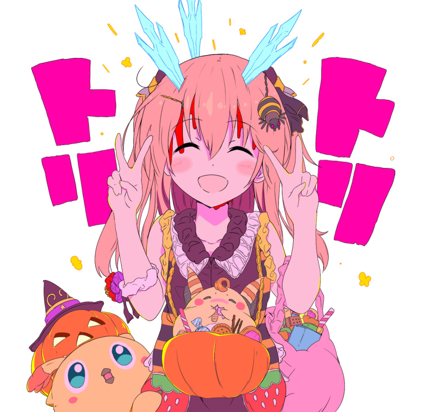 /\/\/\ 1girl :d ^_^ artlounge bag blood blood_on_face blue_eyes blush blush_stickers brown_hair candy candy_cane closed_eyes collarbone cookie double_v eating food glass_shards hair_ornament hairclip halloween hat head_tilt jack-o'-lantern long_hair open_mouth phantasy_star phantasy_star_online_2 scrunchie shirt sleeveless sleeveless_shirt smile spider_hair_ornament star star_print summoner_(pso2) v white_background witch_hat wrapped_candy