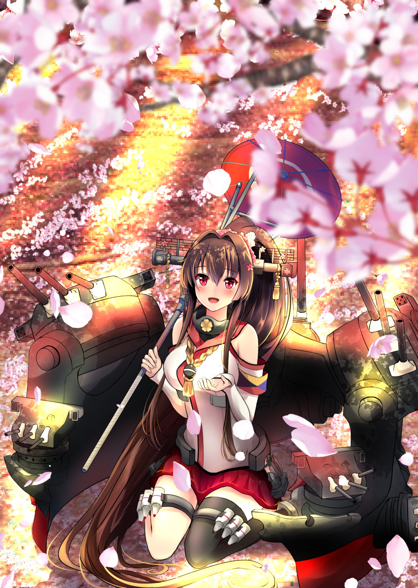 1girl absurdres amagami_(makise_tsubaki) bare_shoulders blush breasts brown_hair cherry_blossoms commentary_request eyebrows eyebrows_visible_through_hair floral_background headgear highres holding holding_umbrella kantai_collection large_breasts long_hair looking_at_viewer open_mouth oriental_umbrella red_eyes red_skirt single_thighhigh sitting skirt solo thigh-highs turret umbrella wariza yamato_(kantai_collection)