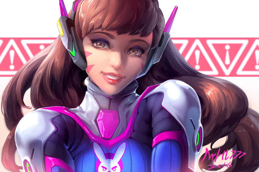 1girl 2016 :d artist_name bangs bodysuit breasts brown_eyes brown_hair bunny_print d.va_(overwatch) dated eyelashes facepaint facial_mark grin headphones high_collar lipstick long_hair looking_at_viewer makeup mr_h.l. nose open_mouth overwatch pauldrons pilot_suit pink_lips pink_lipstick ribbed_bodysuit shoulder_pads smile solo whisker_markings