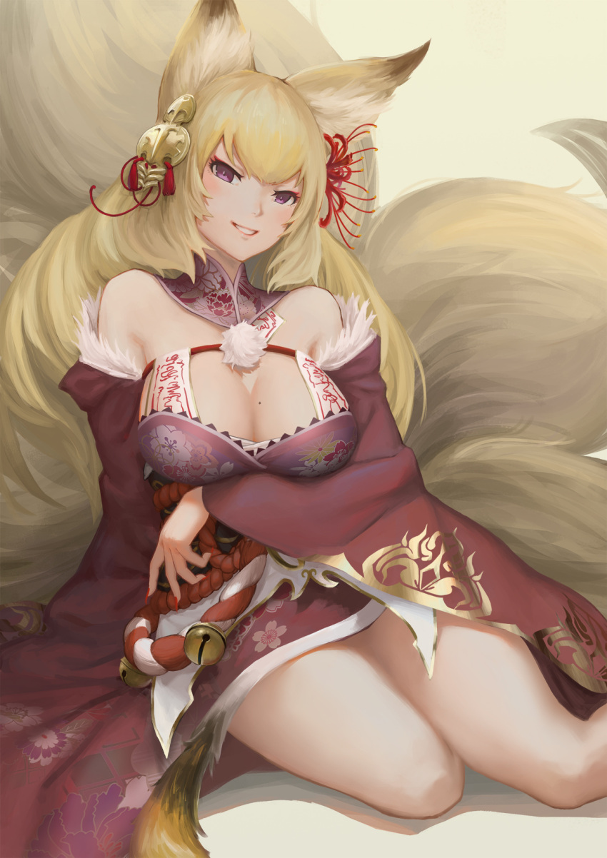 1girl animal_ears bare_shoulders blonde_hair breasts cleavage fox_ears fox_tail hcho highres japanese_clothes kayou_(sennen_sensou_aigis) kimono kyuubi long_hair multiple_tails off_shoulder sennen_sensou_aigis sitting smile solo tail very_long_hair violet_eyes
