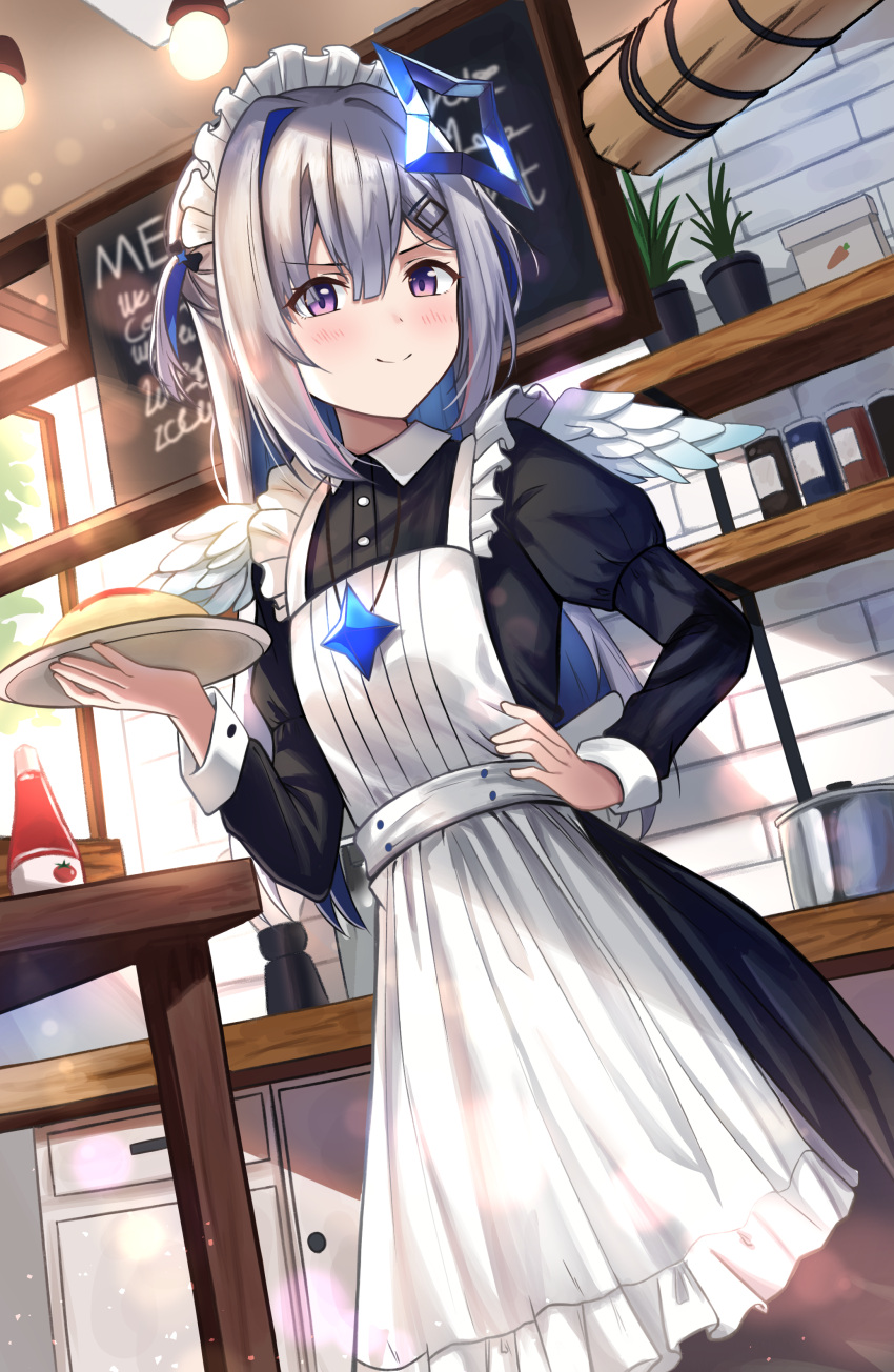 1girl absurdres alternate_costume amane_kanata angel_wings apron backlighting black_dress closed_mouth dress enmaided food frilled_apron frills hand_on_hip highres holding holding_plate hololive indoors jewelry ketchup ketchup_bottle kitchen long_hair maid maid_headdress necklace omurice plant plate potted_plant rahy smile smug solo virtual_youtuber white_apron wings