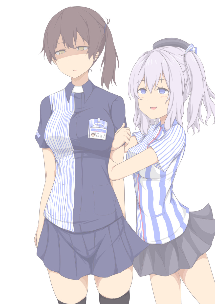 2girls annoyed arm_grab blue_eyes brown_hair cowboy_shot employee_uniform highres jitome kaga_(kantai_collection) kantai_collection kashima_(kantai_collection) kchair02_(k02-yan) lawson looking_at_another looking_away miniskirt multiple_girls name_tag open_mouth pleated_skirt shaded_face shirt short_ponytail short_sleeves side_ponytail silver_hair skirt skirt_set smile striped striped_shirt twintails uniform vertical_stripes wavy_hair yellow_eyes