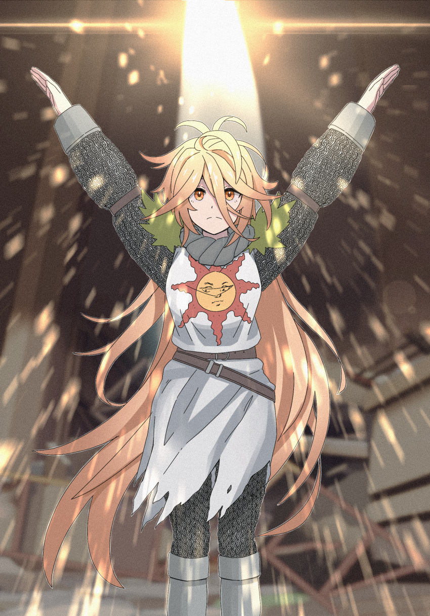 1girl ahoge armor arms_up belt blonde_hair capelet chainmail closed_mouth cosplay dark_souls_(series) dark_souls_i full_armor fur_capelet girls'_frontline_neural_cloud girls_frontline greaves highres long_hair looking_at_viewer non-web_source praise_the_sun sol_(girls'_frontline_nc) solaire_of_astora solaire_of_astora_(cosplay) solo sun_symbol tab_(tabkun) tabard yellow_eyes