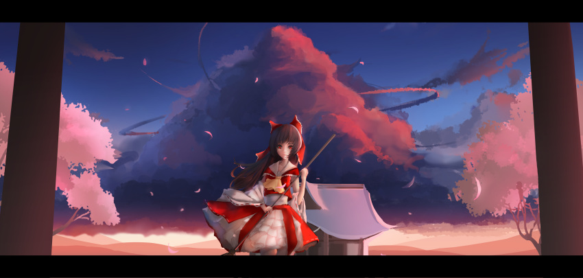 1girl absurdres bow broom brown_hair clouds hair_bow hakurei_reimu highres long_hair mountain nontraditional_miko petals red_eyes shrine sky solo storia torii touhou wind