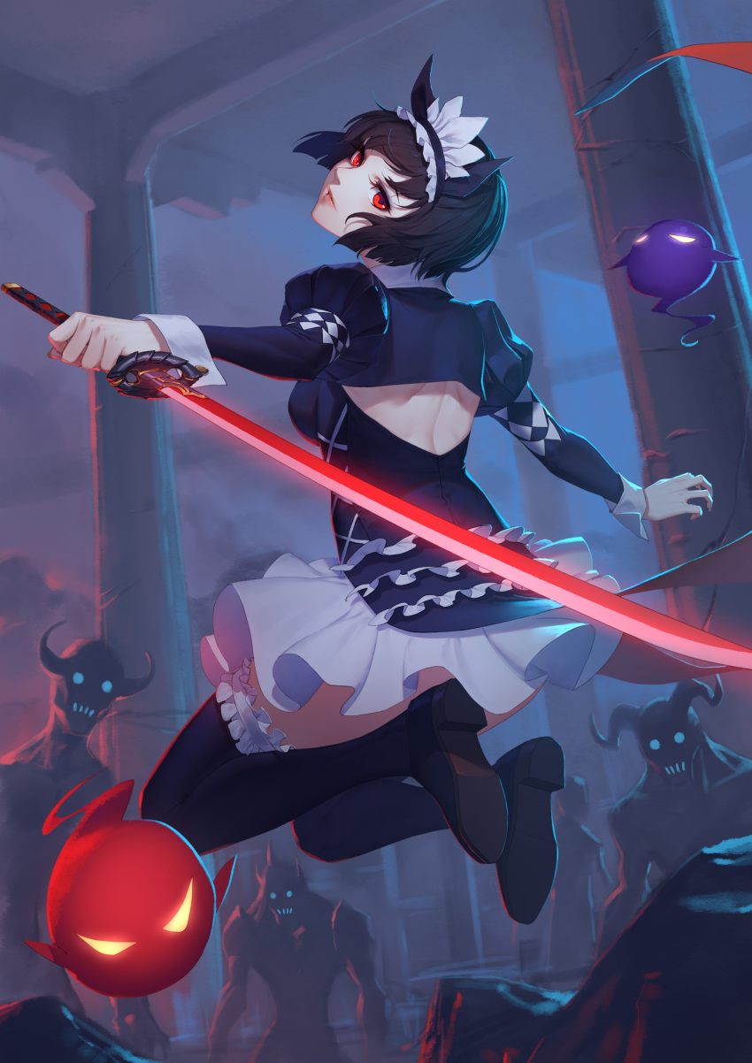 1girl absurdres back black_hair black_legwear breasts daye_bie_qia_lian highres holding holding_sword holding_weapon looking_at_viewer maid maid_headdress monster red_eyes short_hair solo_focus sword thigh-highs weapon yao_dao_shao_nu_yi_wen_lu
