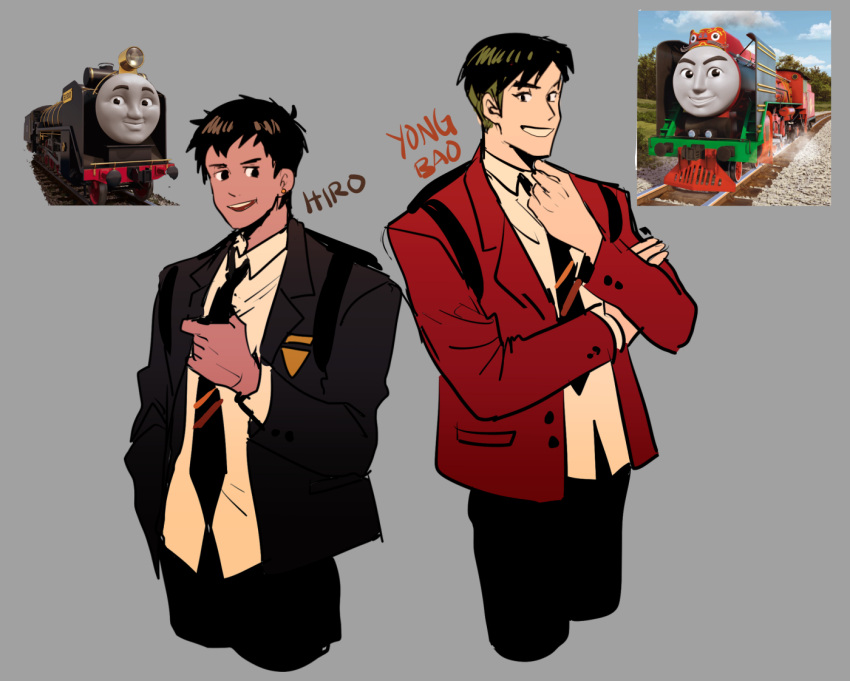 2boys backpack bag blazer brown_hair character_name commentary glasses_enthusiast green_hair grey_background hiro_the_japanese_engine jacket male_focus multiple_boys necktie personification school_uniform short_hair simple_background smile striped striped_necktie tan thomas_the_tank_engine yong_bao_of_china