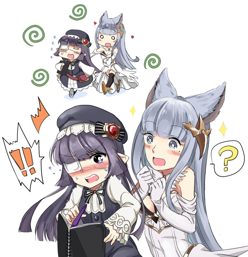 ! !! /\/\/\ 2girls :d ? animal_ears black_hair black_legwear blue_hair blush boots chasing chibi dress elbow_gloves embarrassed erun_(granblue_fantasy) eyebrows eyebrows_visible_through_hair eyepatch gloves granblue_fantasy harbin highres holding iwanya korwa long_hair looking_at_another lunaru_(granblue_fantasy) mismatched_legwear mole mole_under_eye multiple_girls multiple_views nose_blush open_mouth outstretched_arms pen pointy_ears running sketchbook sleeveless sleeveless_dress sleeves_past_wrists smile spoken_exclamation_mark spoken_question_mark strapless strapless_dress surprised sweat sweatdrop swirls thigh-highs thigh_boots very_long_hair violet_eyes white_background white_dress