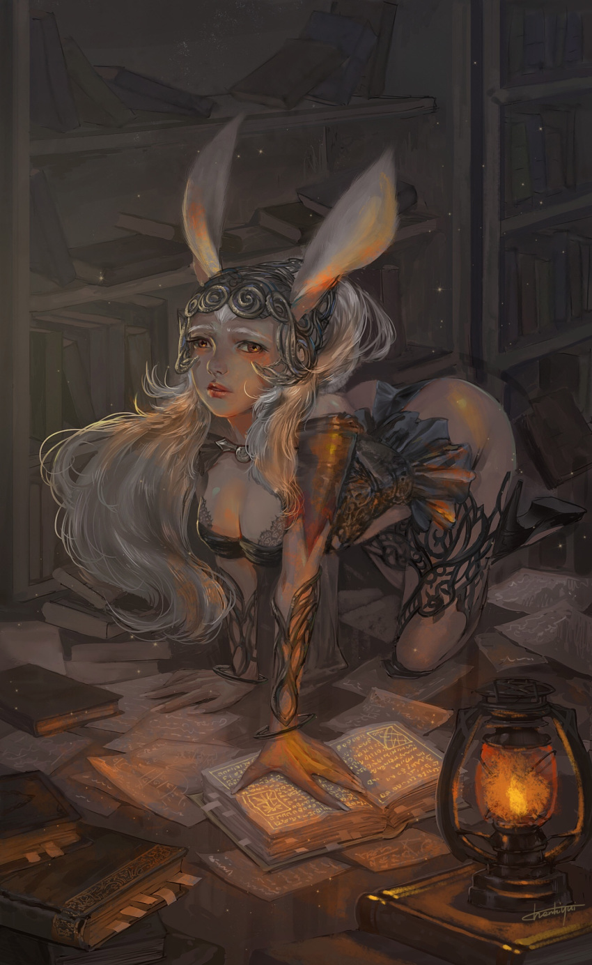 all_fours animal_ears ass book bookshelf breasts chenkiyui cleavage final_fantasy final_fantasy_xii fran highres lantern looking_at_viewer paper rabbit_ears silver_hair