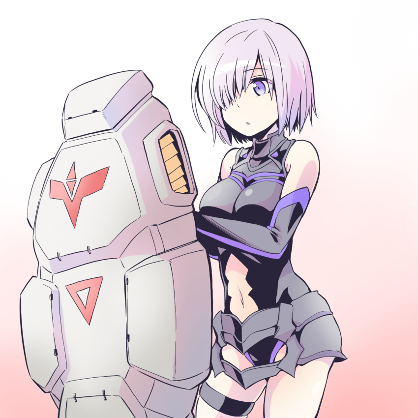 1girl armor bare_shoulders breasts elbow_gloves fate/grand_order fate_(series) gloves gradient gradient_background gundam gundam_0083 gundam_gp-02_physalis hair_over_one_eye highres holding_shield ishiyumi navel navel_cutout purple_hair shield shielder_(fate/grand_order) short_hair solo violet_eyes