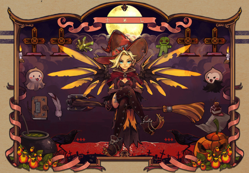 1girl bird blonde_hair blue_eyes blush_stickers book candle cape crossed_legs crow elbow_gloves fangs feathers full_moon gloves halloween halloween_costume hat jack-o'-lantern_earrings looking_at_viewer mechanical_wings mercy_(overwatch) moon open_mouth overwatch pachimari pumpkin rye-beer smirk solo thigh-highs vampire wings witch witch_hat witch_mercy